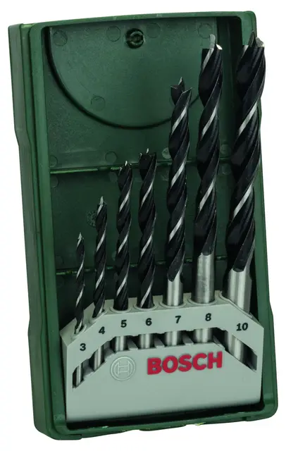 Bosch 7tlg. Mini-X-Line Holzspiralbohrer-Set (für Weich- und Hartholz, Ø 3-10 mm, Zubehör Bohrschrauber und Bohrständer)