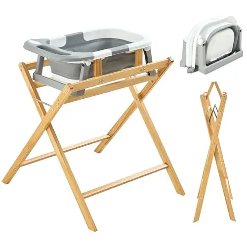FUNLIO Babybadewanne mit Ständer, klappbare Babybadewanne & zusammenklappbarer Holzständer für 0–24 Monate, sichere 8-Punkt-Abstützung, wasserdicht, Belastbarkeit 110 lbs – rückenschonend