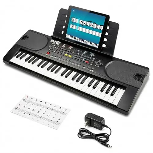 RockJam RJ549 Keyboard Piano mit 49 Tasten für Anfänger, tragbares elektronisches Keyboard mit Netzteil, Notenständer, Notenaufklebern und Unterricht