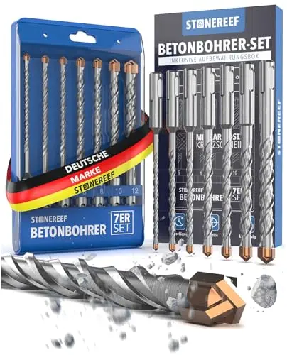 SDS Plus Betonbohrer Set 7-teilig (Ø 5-12 mm x 156mm) – Profi Schlagbohrer mit Kreuzschneide für Beton, Stein, Mauerwerk, Ziegel & Armierung – Inkl. robuster Aufbewahrungsbox