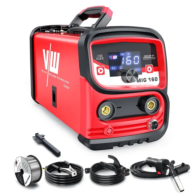 VECTOR WELDING MIG Schweißgerät 160 A, Fülldraht Schweissgerät Set für Anfänger, IGBT Interver Schweißgerät mit Digitales Display (M160D)