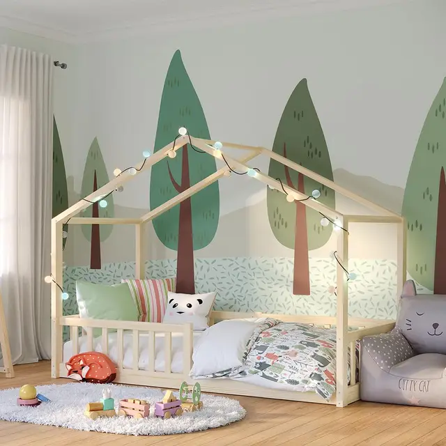 Bellabino Bia Kinderbett 90x200 cm – Hausbett mit Rausfallschutz & Lattenrost – Montessori Bodenbett aus Massivholz Kiefer – Kinder Bett in Natur für Jungen und Mädchen