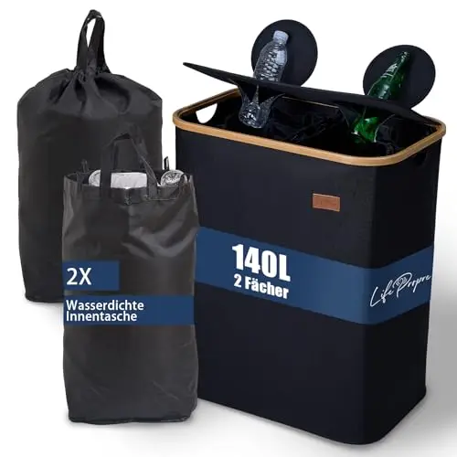 Pfandflaschen Sammelbehälter 140L mit Deckel, 2 Fächer Leergut Sammler für Dosen & Altglas, geruchsdicht, 2 waschbare Taschen mit Kordelzug, faltbar & recycelbar- für Küche, Haushalt, Abstellraum & WG