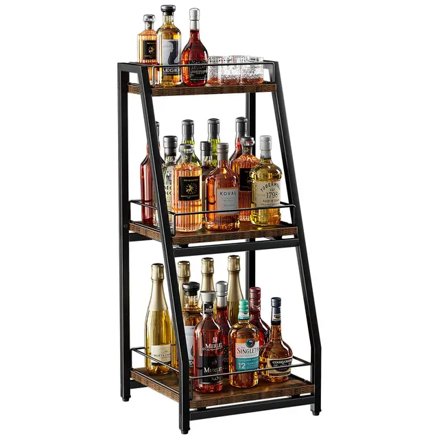 Nuovoware 3-Tier Abgestufte Liquor Cabinet Mini Bar, Weinregal Freistehend Boden für Whiskey, Ecke Liquor Flasche Display Regal mit Zäunen Slide Schublade für Home Küche Esszimmer Wohnzimmer, Schwarz