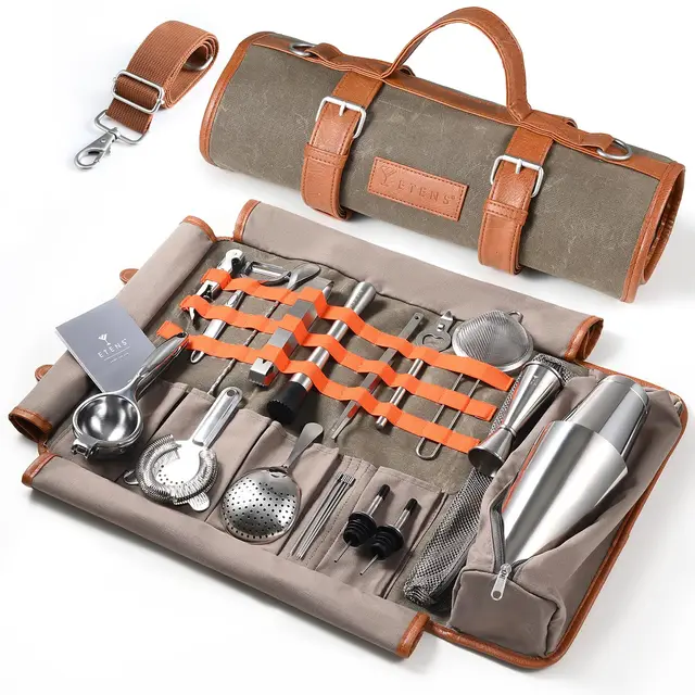 Etens Reise-Barkeeper-Set – 22-teiliges Barset, Cocktail-Set mit Edelstahl-Barwerkzeugen & gewachster Canvas-Tasche – Barkeeper Set, Barzubehör mit Boston Shakern, Jigger, Sieben & Zitronenpresse