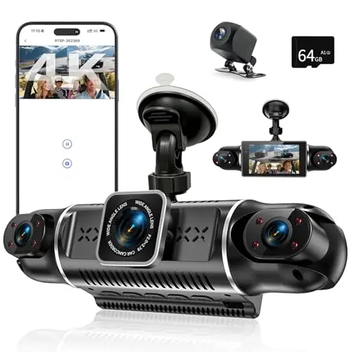 4K dashcam Auto vorne hinten 4 Kanal Dash cam mit 3" IPS-Bildschirm, kostenlose 64-GB-Karte,dashcam mit parküberwachung,WDR-Nachtsicht (8 IR-LEDs),G-Sensor,Loop-Aufnahme,Drahtlose App-Übertragung