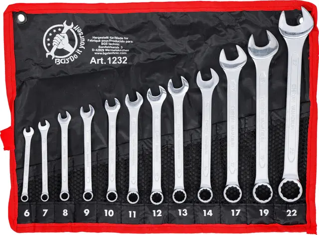 BGS Diy 1232 | Maul-Ringschlüssel-Satz | 12-tlg. | SW 6 - 22 mm | inkl. Tetron-Rolltasche | Gabelringschlüssel