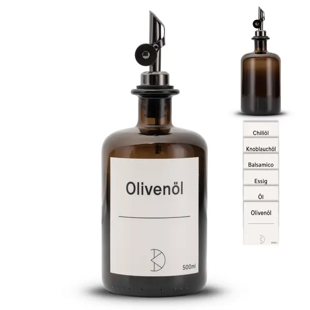 Ölflaschen zum Befüllen - Moderner Ölspender aus Braunglas mit Edelstahl Ausgießer – Spender für Öl, Essig und Balsamico - Aufkleber für deinen Inhalt - 500ml - mit Stickern