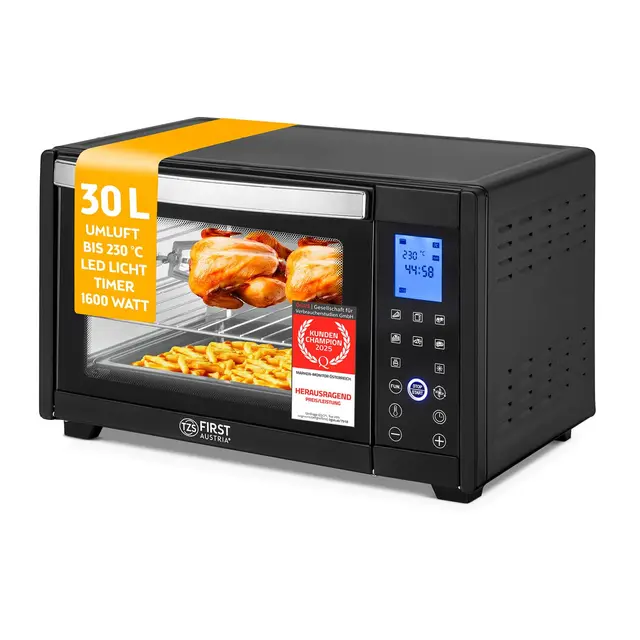 TZS First Austria - Minibackofen Digital 30L 1600W - Mini Backofen stufenlose Temperaturregelung bis 230°C - Miniofen 60 Min-Timer, 3 Einschubhöhen, Backblech & Grillrost - Für kleine Küchen & Camping