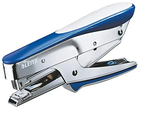 Leitz Heftzange, Für 15 Blatt, Ergonomisches Design aus Metall mit Gummioberflächen, Oberlademechanik, Für Heftklammern P2 (Nr. 10), Blau, 55450033