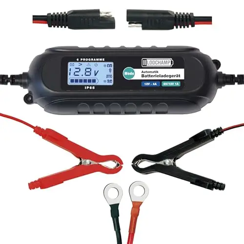 4A Intelligentes Batterieladegerät, 6V/12V KFZ Ladegerät, Erhaltungsladegerät mit Desulfator und Komfortstecker, Polklemmen und Ringösenkabel