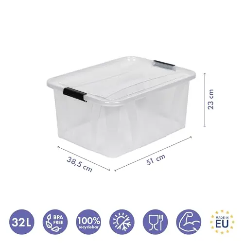 Kreher Aufbewahrungsboxen Master mit Deckel in Transparenter Ausführung. In verschiedenen Größen (wählbar). Aus robustem Kunststoff. (32 Liter)