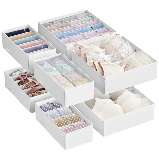 SONGMICS Unterwäsche-Organizer 8er Set, Schubladen-Organizer faltbar, Ordnungssystem Kleiderschrank, Aufbewahrungsbox Schrank, Stoffboxen Aufbewahrung, für BHs Socken Krawatten, wolkenweiß RUS008W01