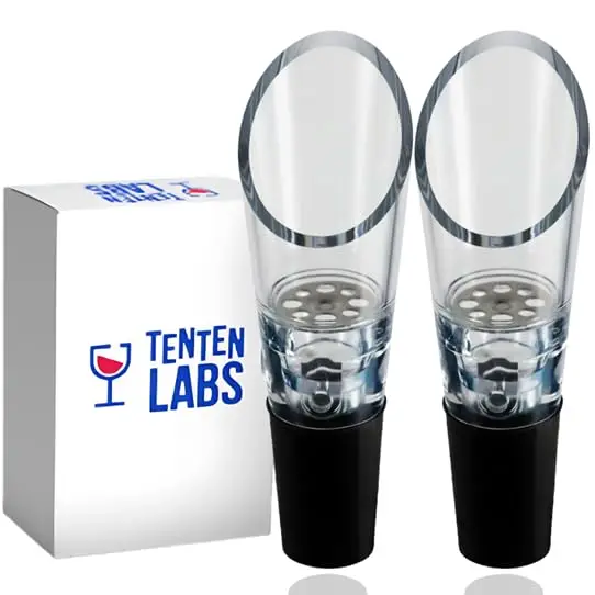TenTen Labs Weinbelüfter und Weindekanter (2er-Pack) – Belüfter und Dekanter für Rotwein mit Flaschenverschluss – Set mit Geschenkbox, (Schwarz)