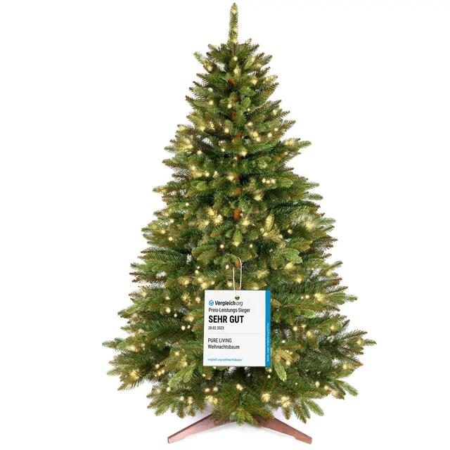 Premium Künstlicher Weihnachtsbaum mit Beleuchtung 180 cm – naturgetreuer Tannenbaum künstlich mit 440 warmweiß-goldenen LED, 8 Lichtmodi & Timer – Weihnachtsbaum LED mit Holzständer