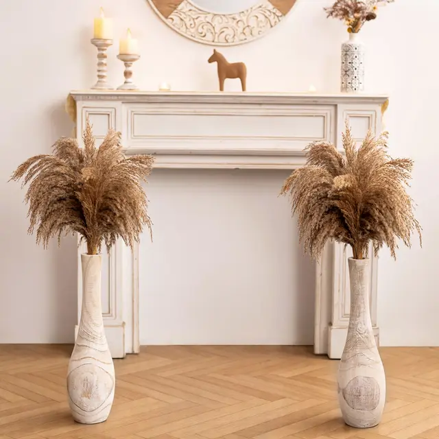 Hanobe Groß Bodenvase Vase Holz: Set of 2 Hoch Boden Vasen Skandinavische Deko XXL Flur Wohnzimmer - 56cm Landhausstil Natur Blumenvase mit Loch für Pampasgras