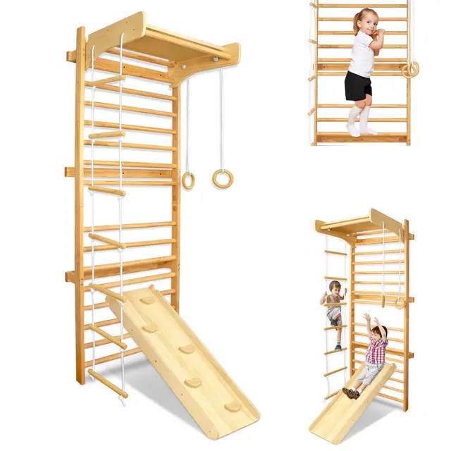Holz Sprossenwand Kinder Multifunktions Set – Indoor Klettergerüst, Kletterwand, Turnwand – Heim Fitness Spielgerät für Kinder & Familie, geeignet ab 3 Jahren