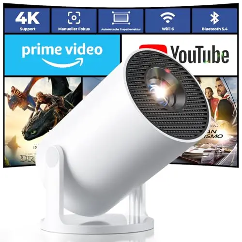 Mini Beamer 4K Unterstützt, 2026 Neuer Beamer Integrierte APP, 20000 Lumens mit Android 14, Automatische Trapezkorrektur, WiFi 6 und Bluetooth 5.4, 180° Dreh Projektor Tragbar Heimkino