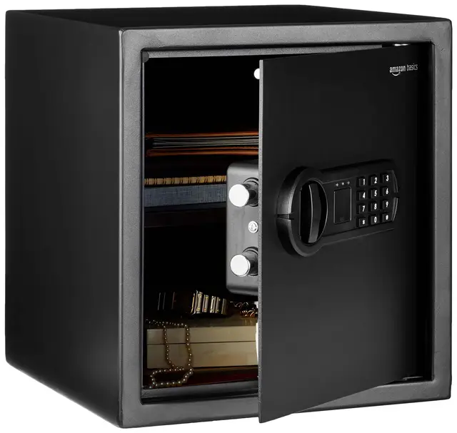 Amazon Basics Elektronischer Tresor aus Stahl mit programmierbarem digitalem Tastenfeld für Schmuck, Geld, Wertsachen, 34 l, 33 cm x 33 cm x 36 cm (B x T x H), Schwarz