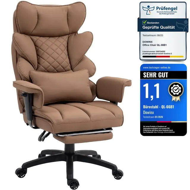 Dowinx Gaming Stuhl, Bürostuhl Ergonomisch mit Taschenfeder-Kissen, Chefsessel mit Doppellagige weiche Rückenlehne und verstellbare Lendenkissen, Armlehnen und Fußstütze, PU-Hellbraun