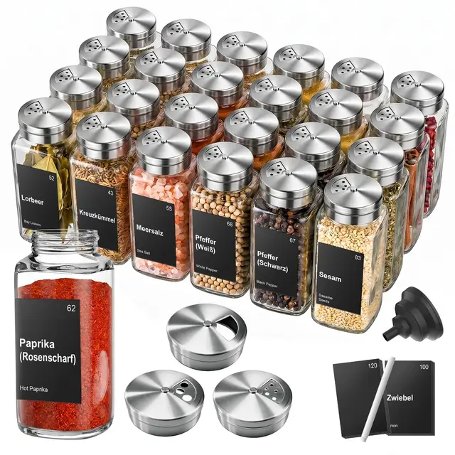 Cleangor Gewürzgläser Set 24-teilig eckig 120 ml schwarz