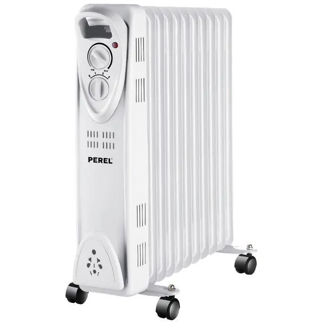 Perel 2500W Ölradiator mit 11 Rippen, 3 Heizstufen, einstellbarem Thermostat, Griff, Rädern, Überhitzungs- und Kippschutz, geräuschloser und energieeffizienter Heizkörper für große Räume bis zu 30 m²,