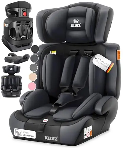 KIDIZ® Autokindersitz i-Size R129 100-150cm bis 12 Jahre, Kinderautositz Gruppe 1/2/3 ohne Isofix, mitwachsender Kindersitz, 5-Punkt-Gurt & höhenverstellbare Kopfstütze, Sitzerhöhung Auto, Anthrazit