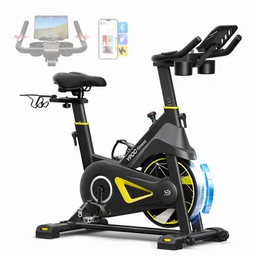 YPOO Heimtrainer Fahrrad, Verstellbarer Magnetwiderstand, Bequemer Sitz, Tablet-Halterung & Fitnesskurse, Indoor Cycling Bike für Kardiotraining zu Hause, Leises Hometrainer mit hoher Tragfähigkeit