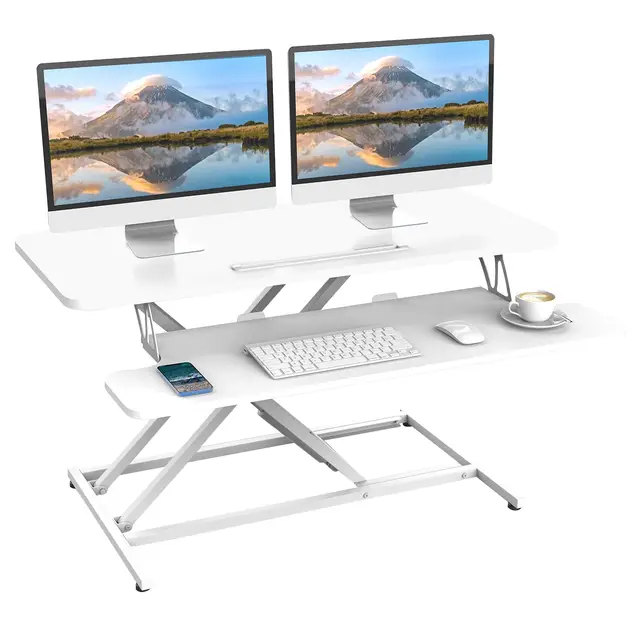 ERGOMAKER Steh-Sitz Schreibtischaufsatz Höhenverstellbar, Stehpult Aufsatz Schreibtisch 91 X 40CM Desktop Erhöhung mit Tastaturablage Für Zwei Monitore,Weiß