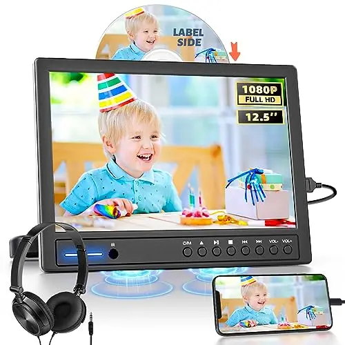 Arafuna 12,5 Zoll DVD Player Auto mit Kopfhörer, Tragbarer DVD Player Videogeräte für Kopfstützen mit Kopfstützenhalterung, Auto Fernseher Saugnapf-Disc-Eingang, unterstützt 1080P-Video