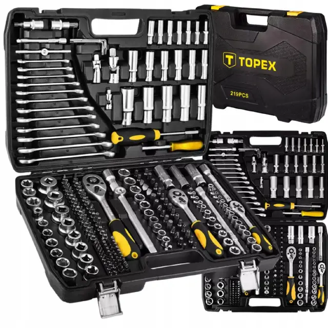 TOPEX Werkzeugkoffer 219-tlg: 1/2", 3/8", 1/4" Nüsse, Ratschen, Bits, Knarrenkasten, Für Kfz, Werkstatt & Heimwerker, Universal-Set Knarrenkasten Universal-Werkzeugkoffer