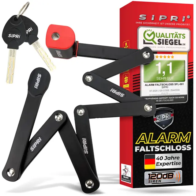 SIPRI® Faltschloss Fahrradschloss mit Alarm 120 dB | Faltbares Fahrradschloss hohe Sicherheit für E-Bike, E-Scooter & Motorrad | 8 mm Stahl, 116 cm, wetterfest, robustes Schloss mit Schlüssel
