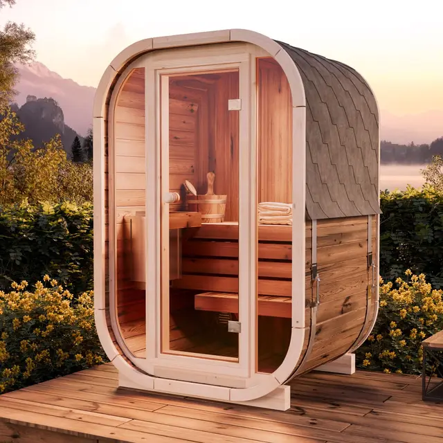finntherm ellipso s fasssauna glasfront