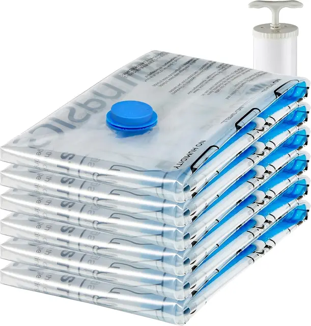 Amazon Basics Vakuumbeutel für Kleidung mit Luftdichtem Ventil und Handpumpe - Jumbo, 6er-Pack, Reißverschluss, Durchsichtig