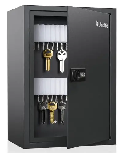 Uniclife Schlüsselschrank mit 40 Tasten mit Zahlenschloss mit wiederherstellbarem Code, Organizer für schwarze Schlüssel an der Wand mit Schlitzregal, weiße Etiketten und Permanentmarker