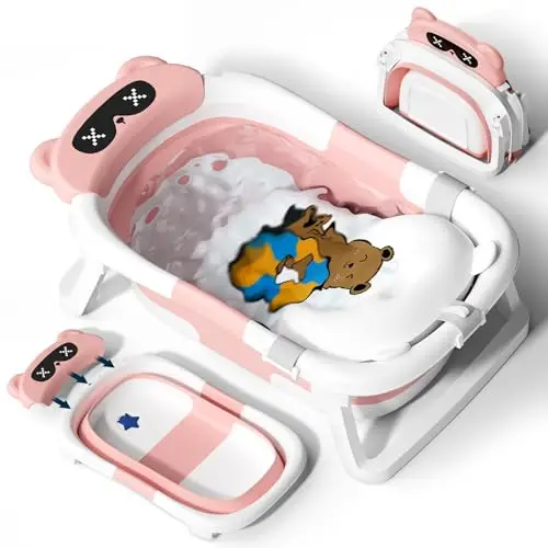 COOSEYA Baby Badewanne für 0-18 Monate, Faltbare Babybadewanne mit Weichem Polster und Temperaturempfindlichem Ablassventil, Ideale Babywanne für Neugeborene, Bär - Design (Rosa)