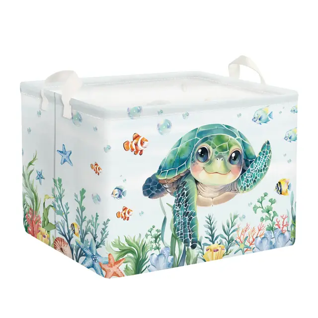 Clastyle Groß Meer Schildkröte Fisch Seegras Grün Aufbewahrungskorb mit Henkel Rechteckig Spielzeug Kleidung Aufbewahrungsbox für Kinderzimmer Bad, Meeresschildkröte, 40x30x30 cm