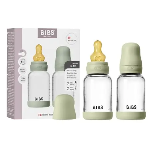 BIBS Baby Glass Bottle 120ml, 2er Pack, Vermindert Koliken, Runder Sauger aus Naturkautschuklatex, Unterstützt das Stillen, Complete Set - 120 ml (Pack of 2), Sage