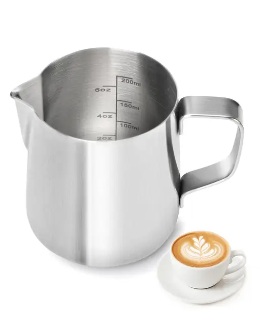 BS-VOG Milchkännchen 200ml, Edelstahl-Milchaufschäumkanne mit Messskala für Kaffeemaschine, Kleine Milchkanne für Zuhause Barista Cappuccino Espresso, Rostbeständige Latte Art Tasse