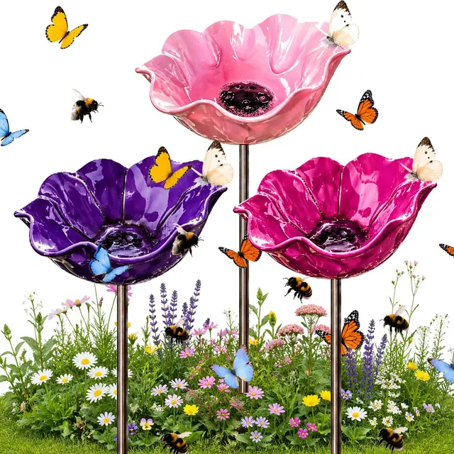 Blumen Gartenstecker VogelträNke, 2026 Neu Metall Blumen Gartenstecker, BienenträNke, Schmetterlinge Insekten Tränke für Den Garten, VogelträNke Futterschale Rasen & Balkon (3pcs *C)