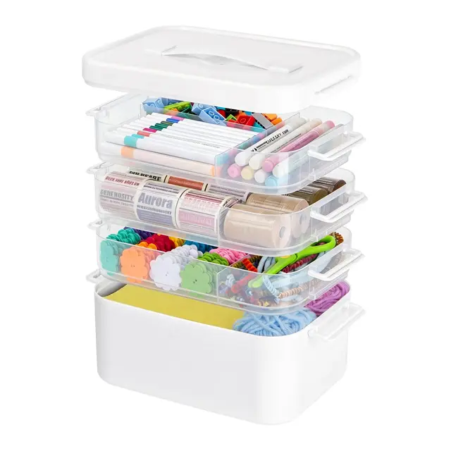 Creahaus 4-lagiger Mehrzweck Aufbewahrungsbox mit Herausnehmbaren Tabletts, Stapelbarer Medikamenten Aufbewahrung Medizinbox mit Griff, Tragbare Nähkasten für, Sortierbox, Bastelkoffer, Hausapotheke