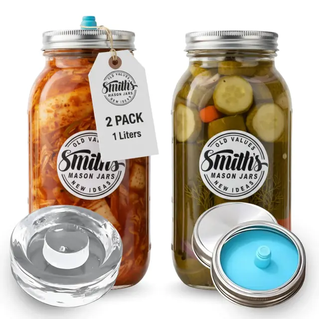 Smiths Mason Jars Fermentierglas 1L - 2er-Pack Fermentiergläser – Fermentierglas mit gärventil für Kimchi, Sauerkraut, Pickles & Sauerteigstarter– Fermentierset - Fermentationsglas Kimchi Behälter