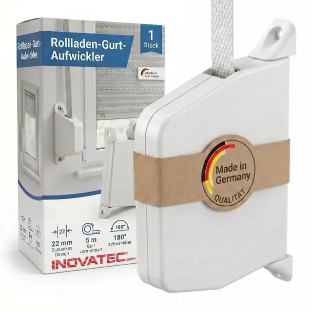 INOVATEC Rollladen Gurtwickler Aufputz Mini inkl. 5m Gurtband – Aufschraubwickler 180° schwenkbar – Einfache Montage für Rolllade, Fenster & Jalousie – Weiß – 1 Stück