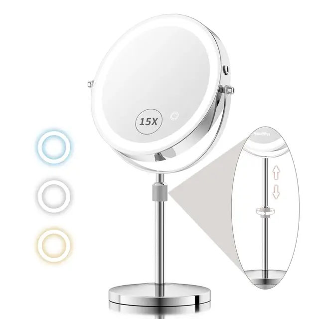 8-Zoll Höhenverstellbarer Schminkspiegel mit Beleuchtung, 15X/1X Wiederaufladbarer Kosmetikspiegel mit Beleuchtung, Stufenlos Dimmbarer Vergrößerungsspiegel mit Licht, 360° Drehbarer Tischspiegel