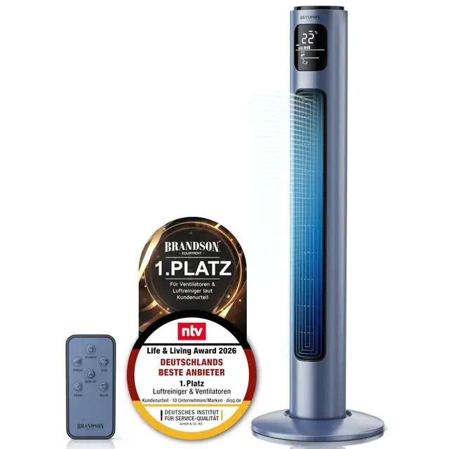 Brandson - Turmventilator mit Fernbedienung - Preisträger 2026 - Oszillation 60° - Standventilator - mobiler Lüfter - Tower Fan - 96 cm - 45W - Ventilator mit 3 Geschwindigkeiten - Blau