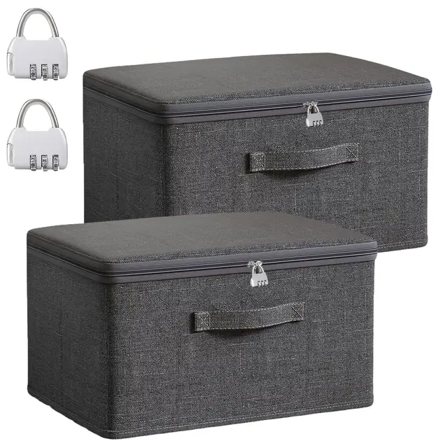 2 Stück Abschließbare Box,Aufbewahrungsbox mit Deckel Stoff,Faltbare Kiste mit Schloss,Griff,Reißverschluss,Grau Organizer Box,Aufbewahrungsbox Klein für Bettdecken,Kleidung (S)