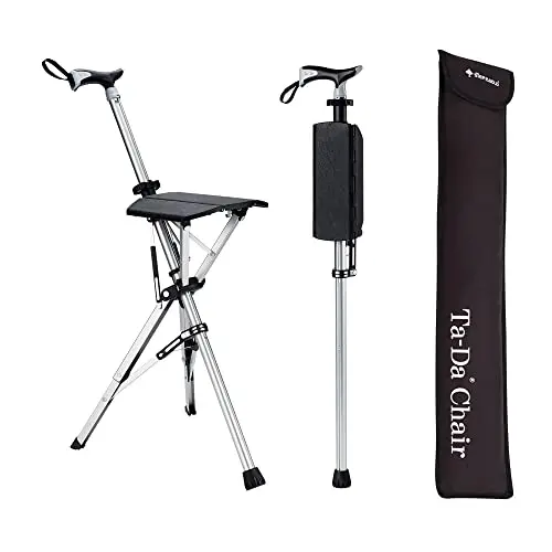 STEP2GOLD TA-Da Chair - Gehstock mit Sitz, ultraleichter Aluminiumrahmen & robuster Klapphocker (bis zu 110 kg), zusammenklappbares Design, ideal für Reisen & Sightseeing