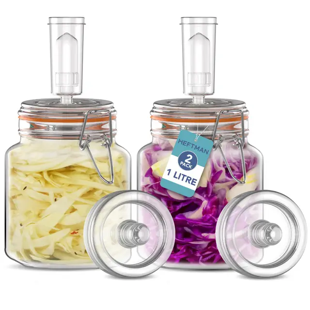 HEFTMAN Gärglas mit Luftschleuse, 1L, ideal für sichere Gärung | Silikondeckel und Gärgewichte, 2 Stück