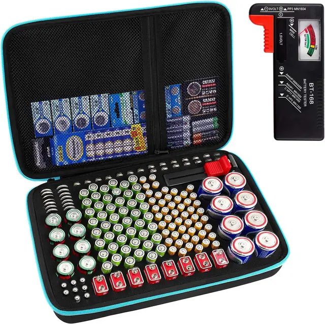 Batteriebox Tragetasche Aufbewahrungsbox für Batterieorganisator mit Batterietester (BT168), Tasche Halter für 220+ Batterien AA AAA AAAA 9 V C D Lithium 3 V (ohne Batterien) (Schwarz)