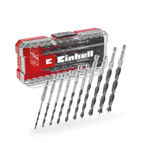 Original Einhell S-CASE 10-tlg. Holzbohrer-Set (zweispiralig, aus rollgewalztem C45 Werkzeugstahl, E 6.3 Schaft, 3-Punkt-Anschliff, Zentrierspitze inkl. Aufbewahrungsbox)